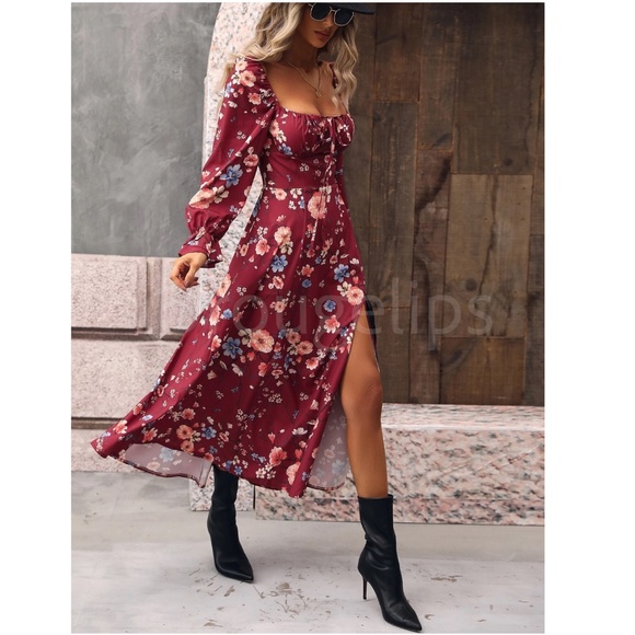 Floral Dress Square Neck Fit & Flare Maxi Long Sleeve Leg Slit Front Ties Red - Picture 4 of 10